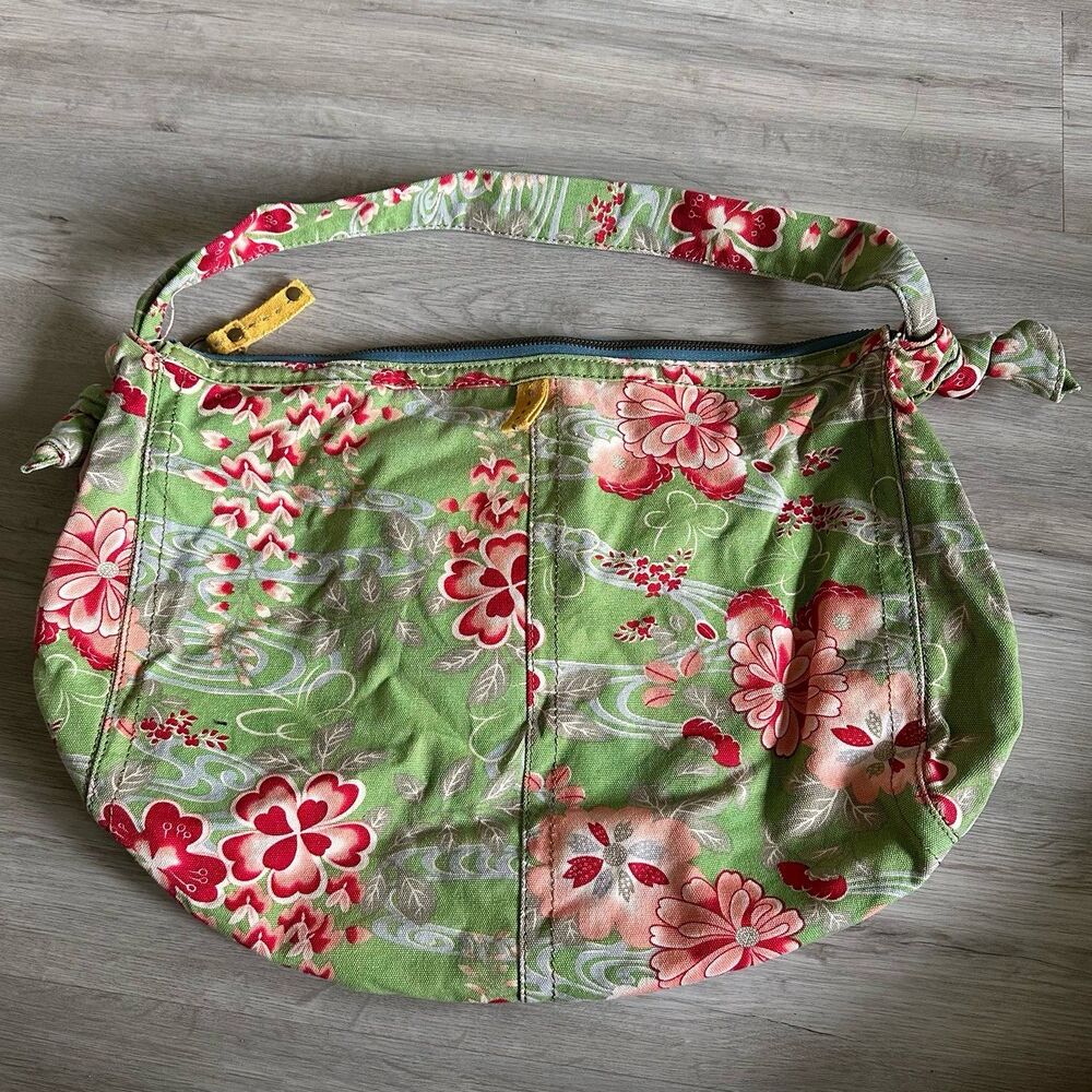 Lucky Brand Runaway Retro Green Red Pink Floral Cotton Canvas Shoulder Bag